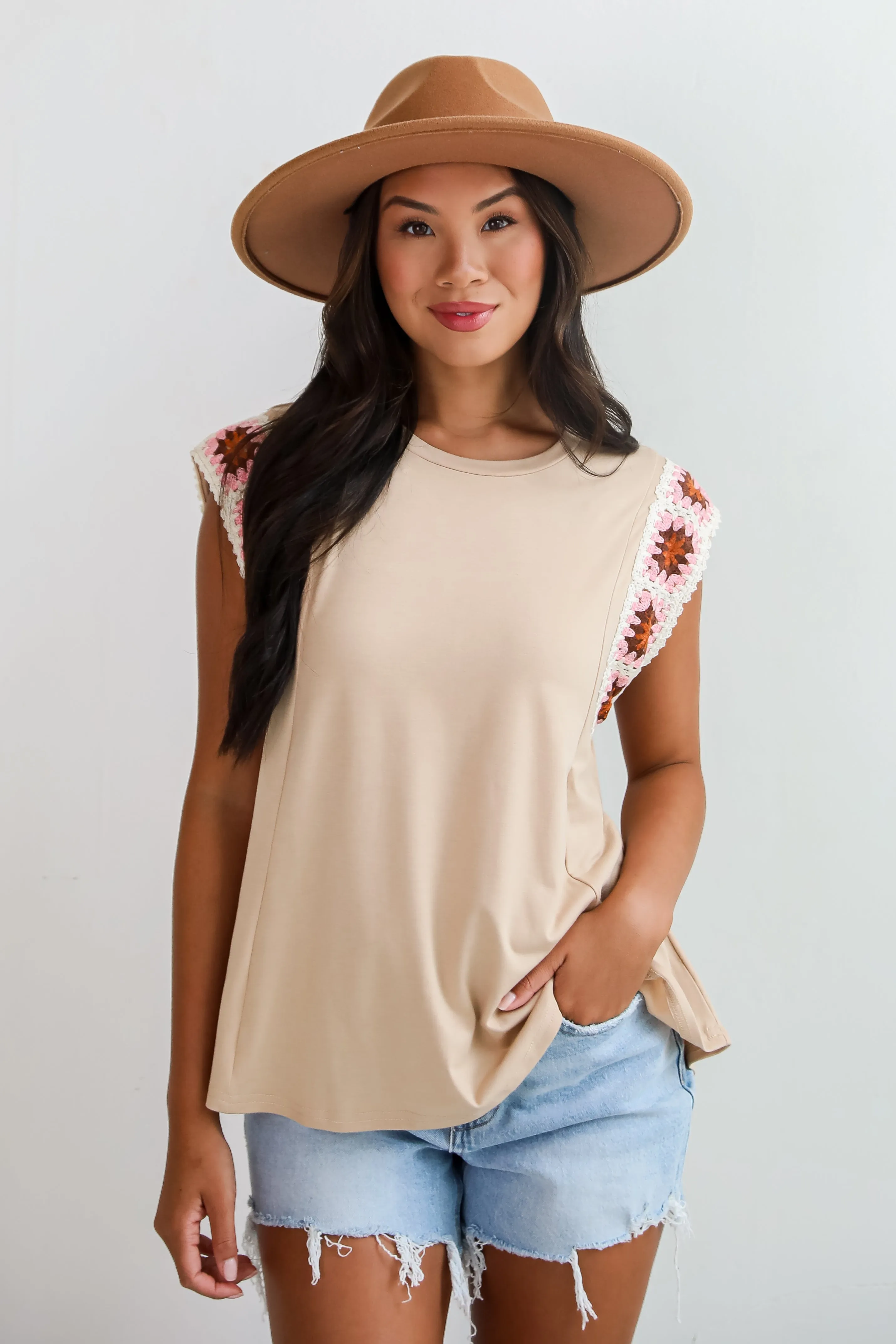 FINAL SALE - Adored Cutie Mocha Crochet Sleeve Top - DU DEAL