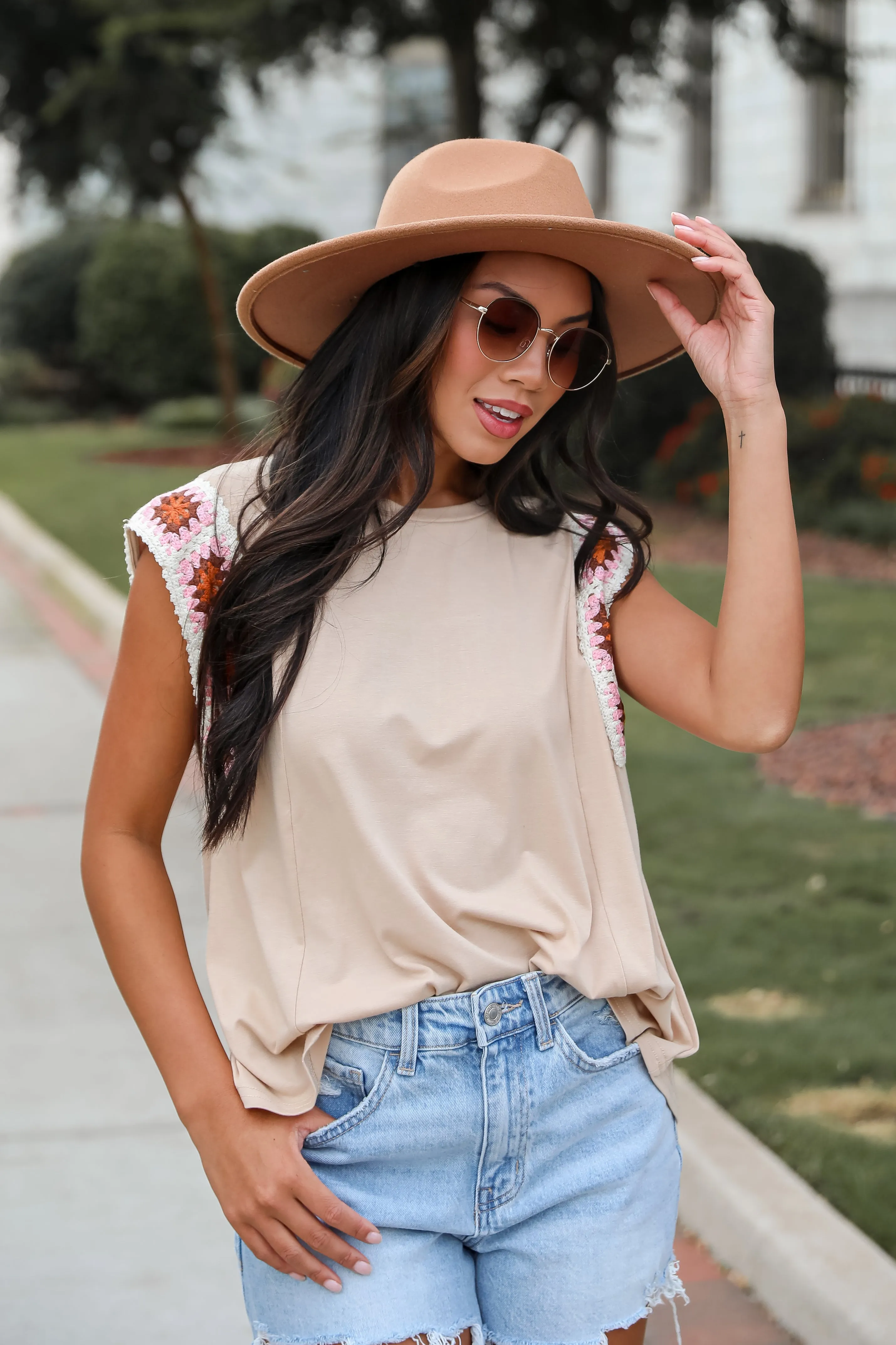 FINAL SALE - Adored Cutie Mocha Crochet Sleeve Top - DU DEAL