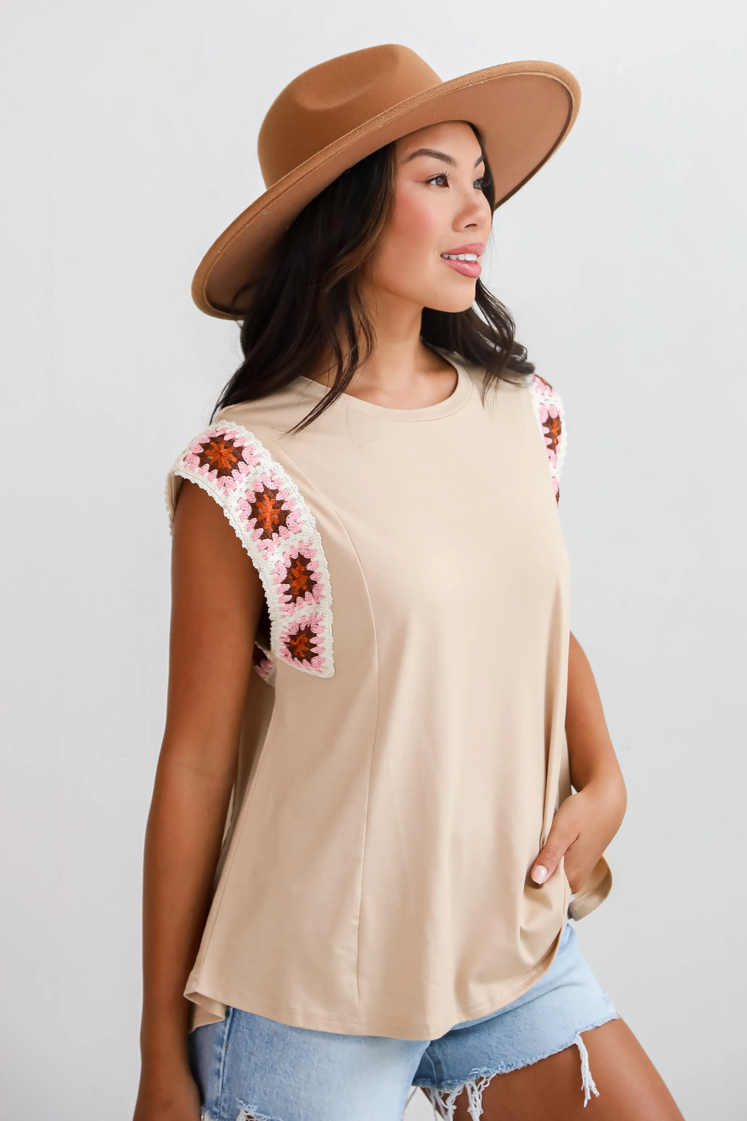 FINAL SALE - Adored Cutie Mocha Crochet Sleeve Top - DU DEAL