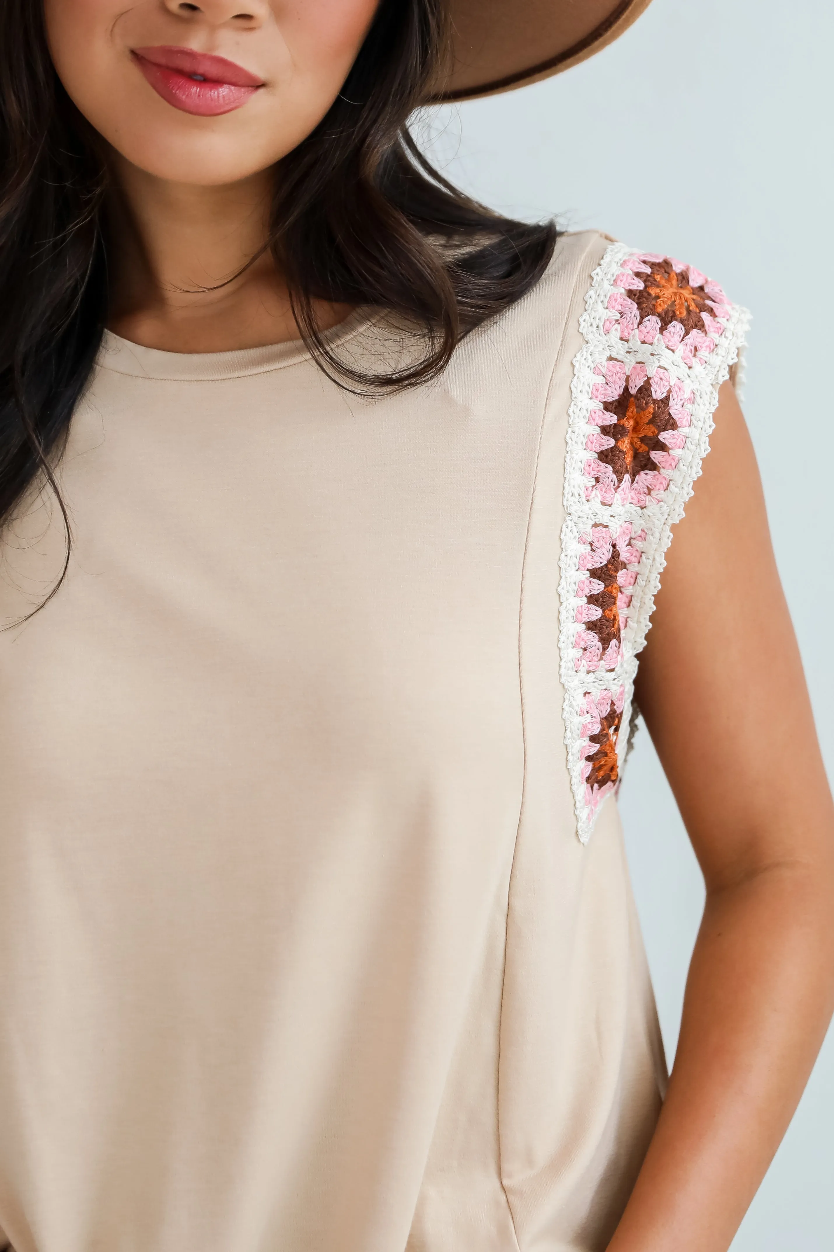 FINAL SALE - Adored Cutie Mocha Crochet Sleeve Top - DU DEAL