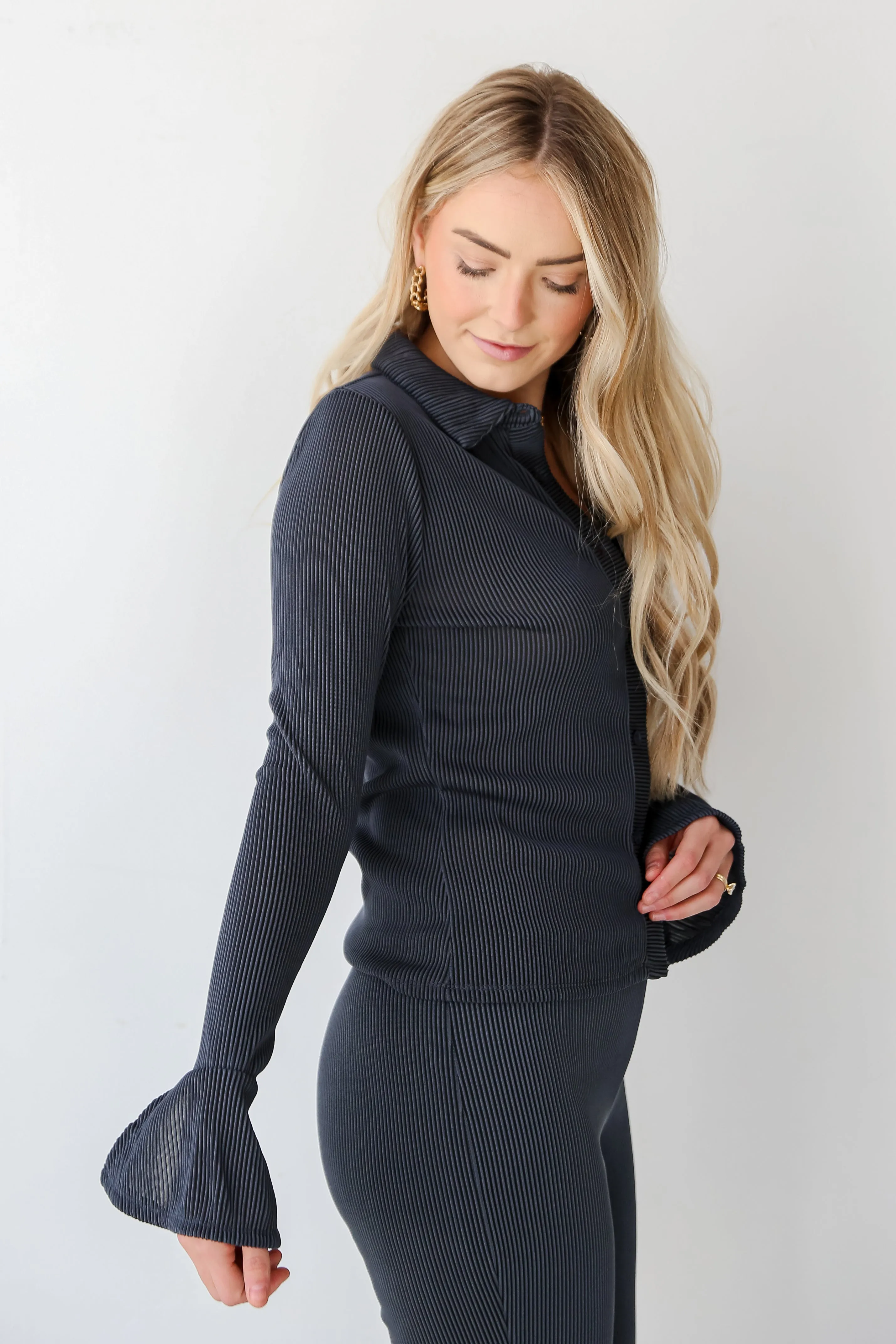 FINAL SALE - Adored Persona Charcoal Ribbed Knit Button-Up Blouse - DU DEAL
