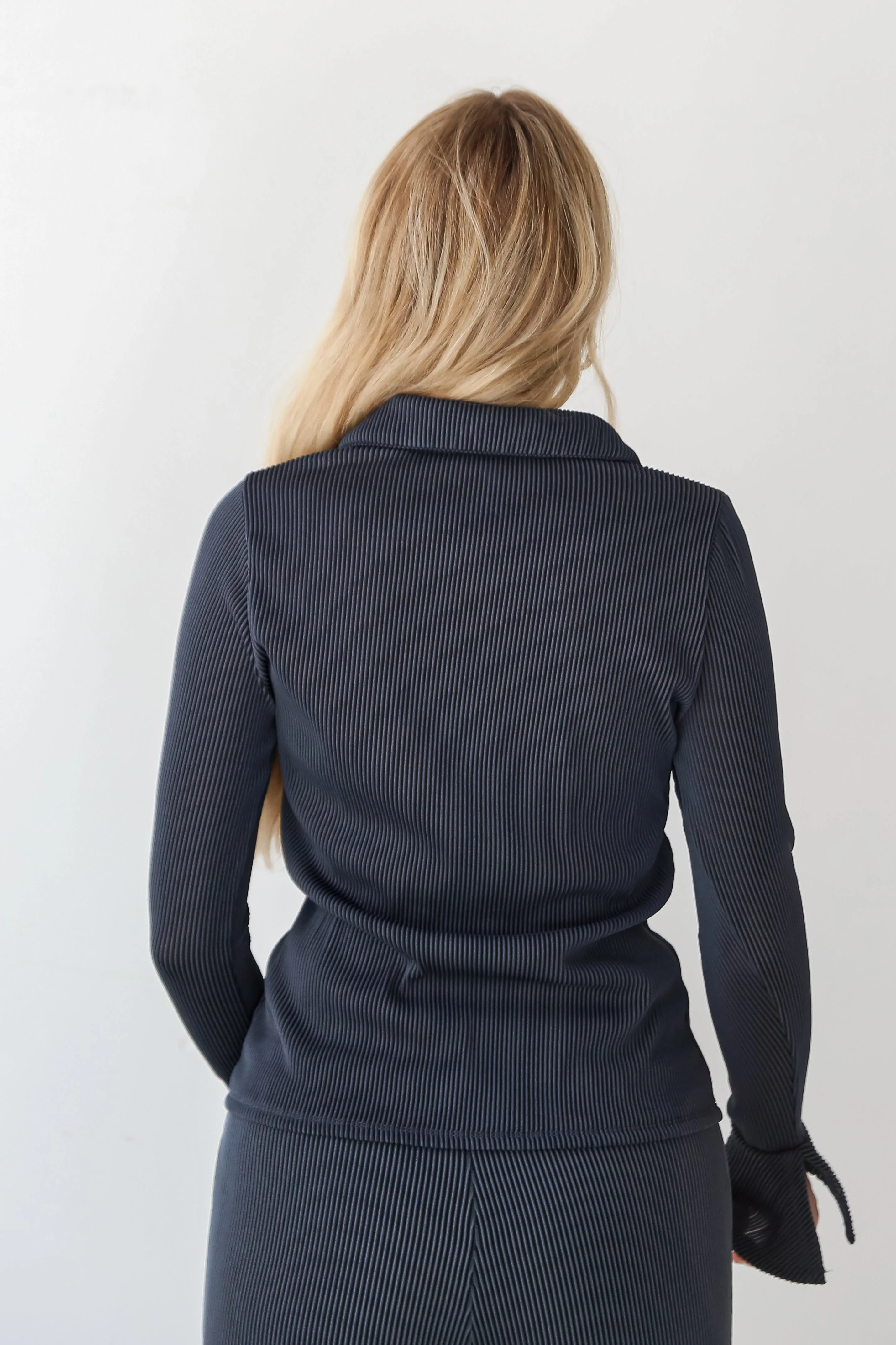 FINAL SALE - Adored Persona Charcoal Ribbed Knit Button-Up Blouse - DU DEAL