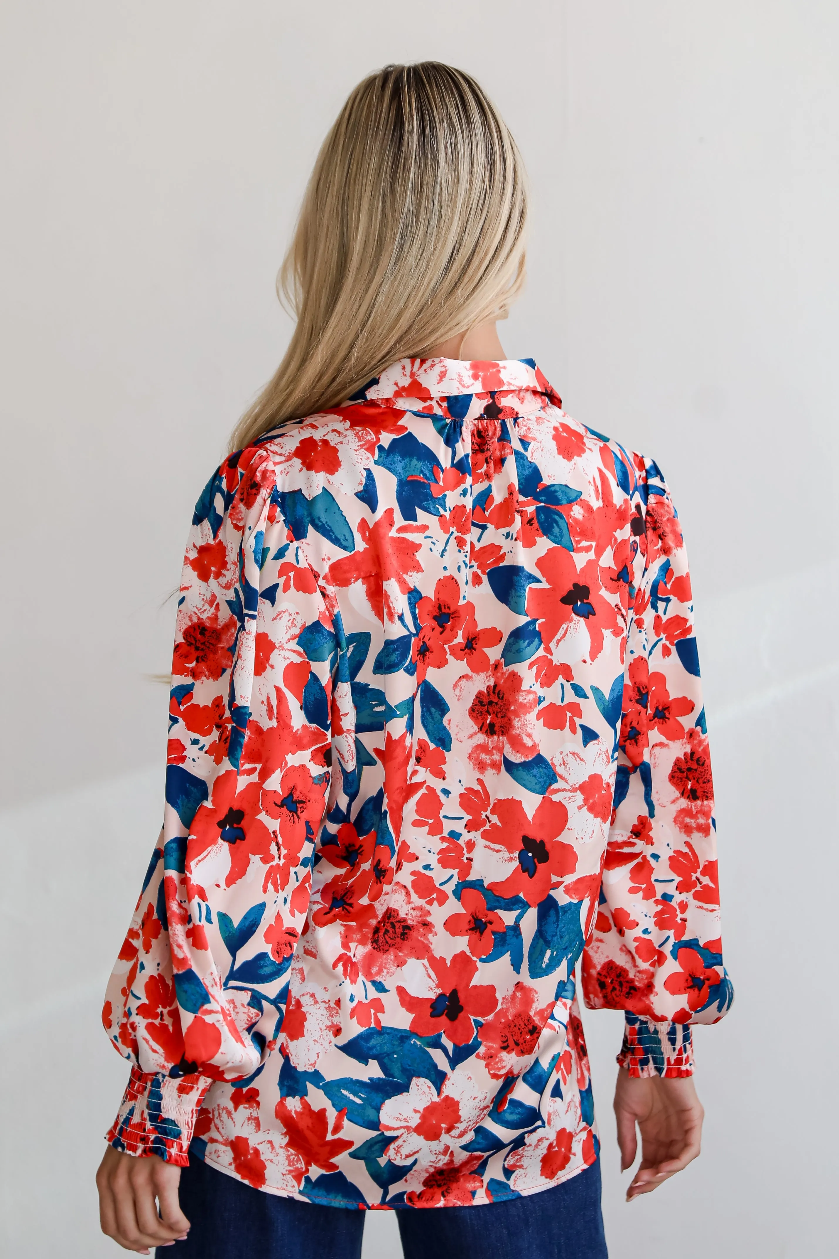 FINAL SALE - Dreamy Personality Coral Satin Floral Button-Up Blouse