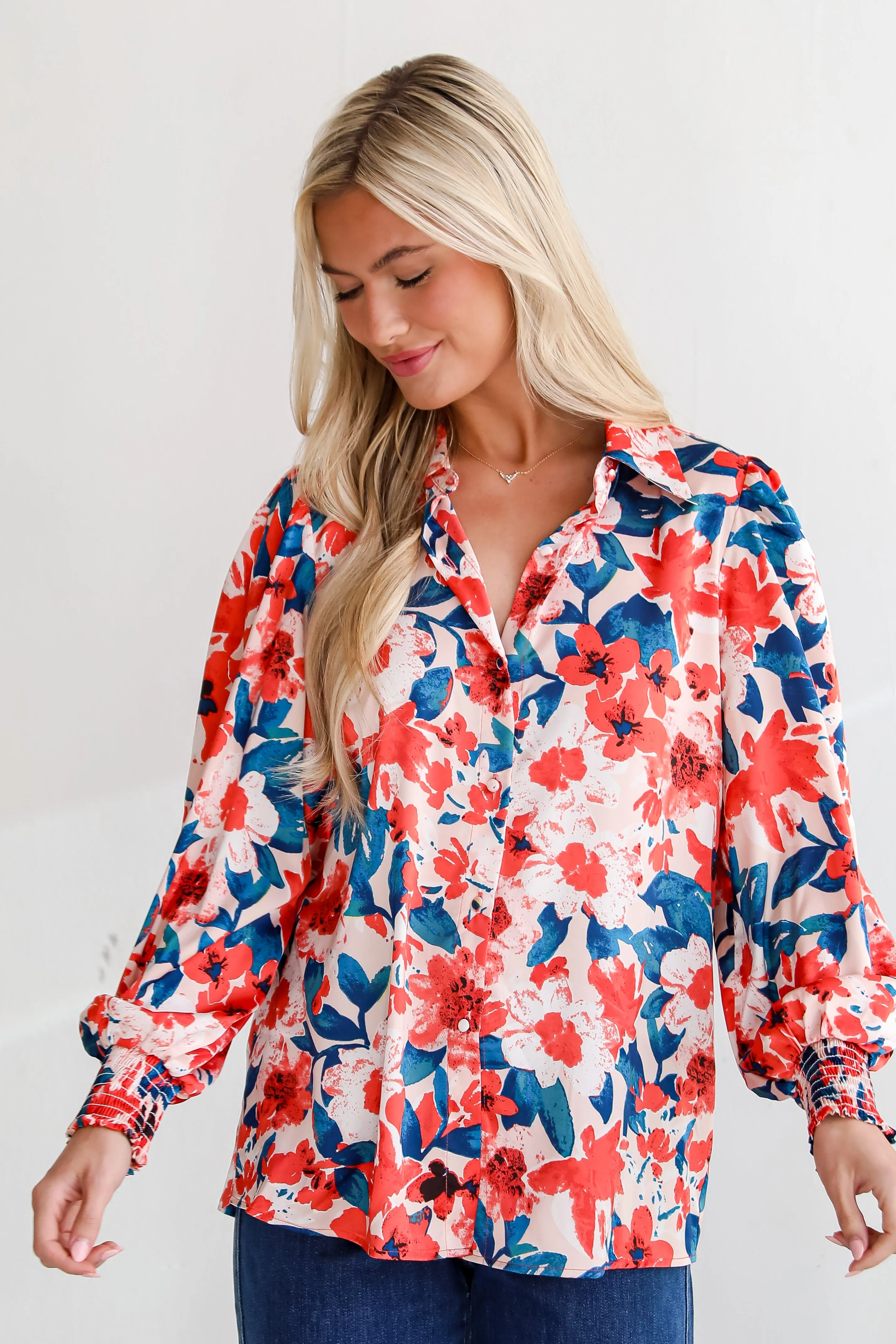 FINAL SALE - Dreamy Personality Coral Satin Floral Button-Up Blouse