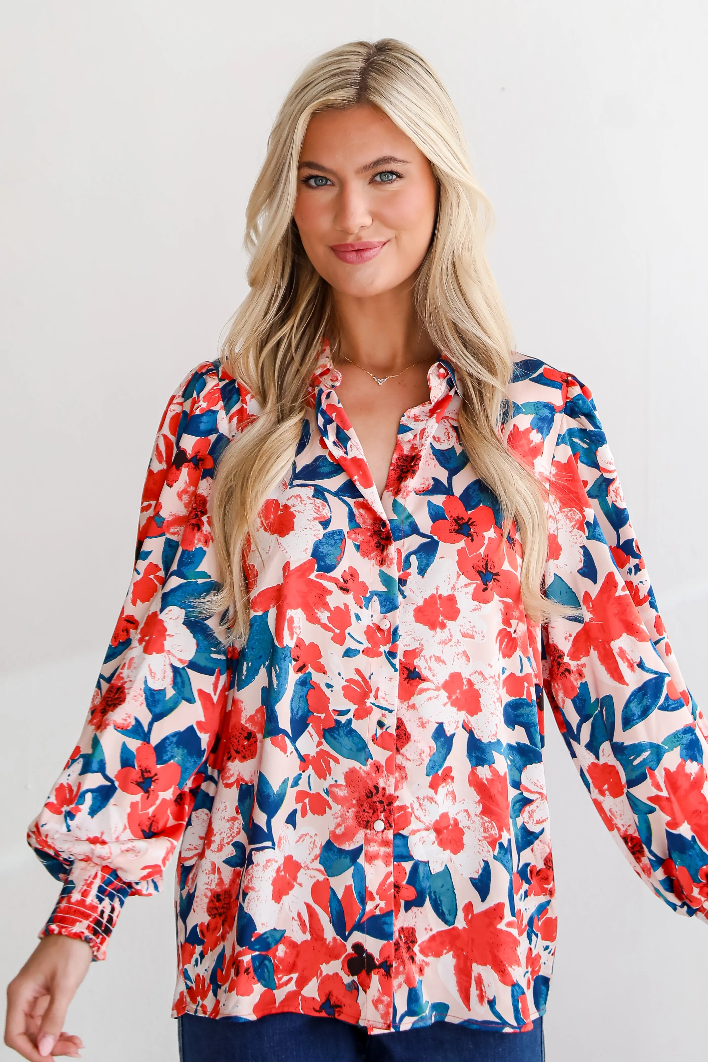 FINAL SALE - Dreamy Personality Coral Satin Floral Button-Up Blouse