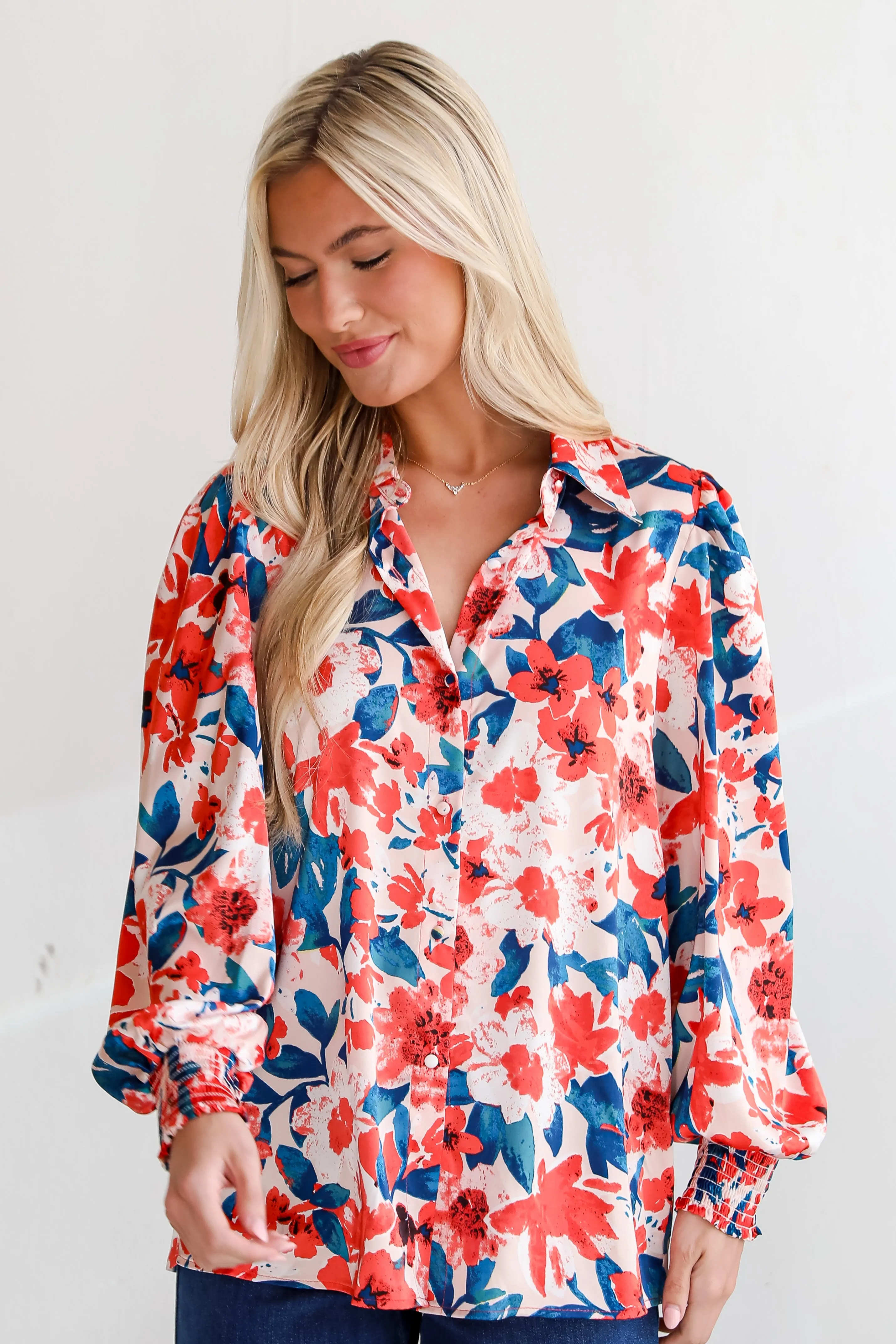 FINAL SALE - Dreamy Personality Coral Satin Floral Button-Up Blouse
