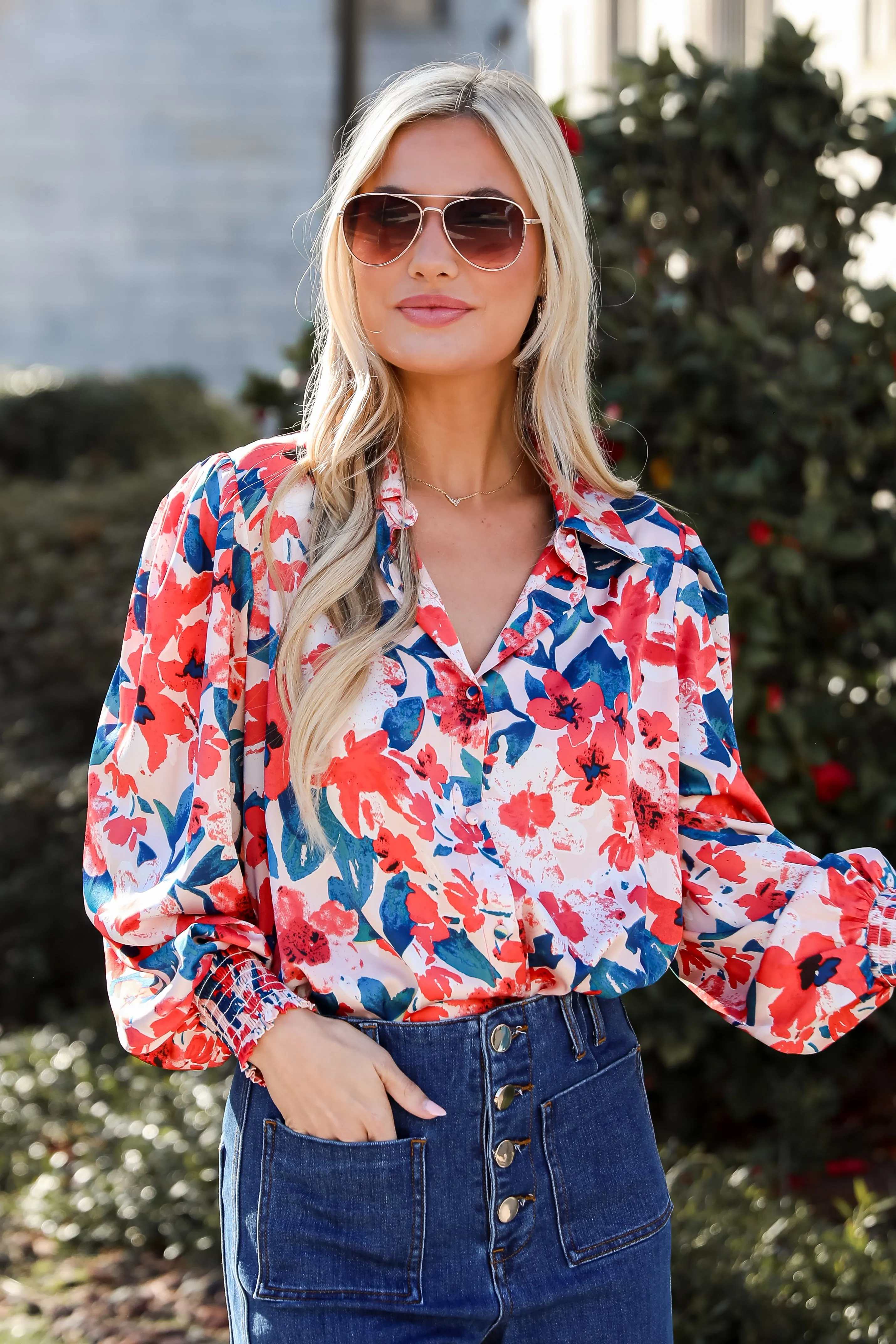FINAL SALE - Dreamy Personality Coral Satin Floral Button-Up Blouse