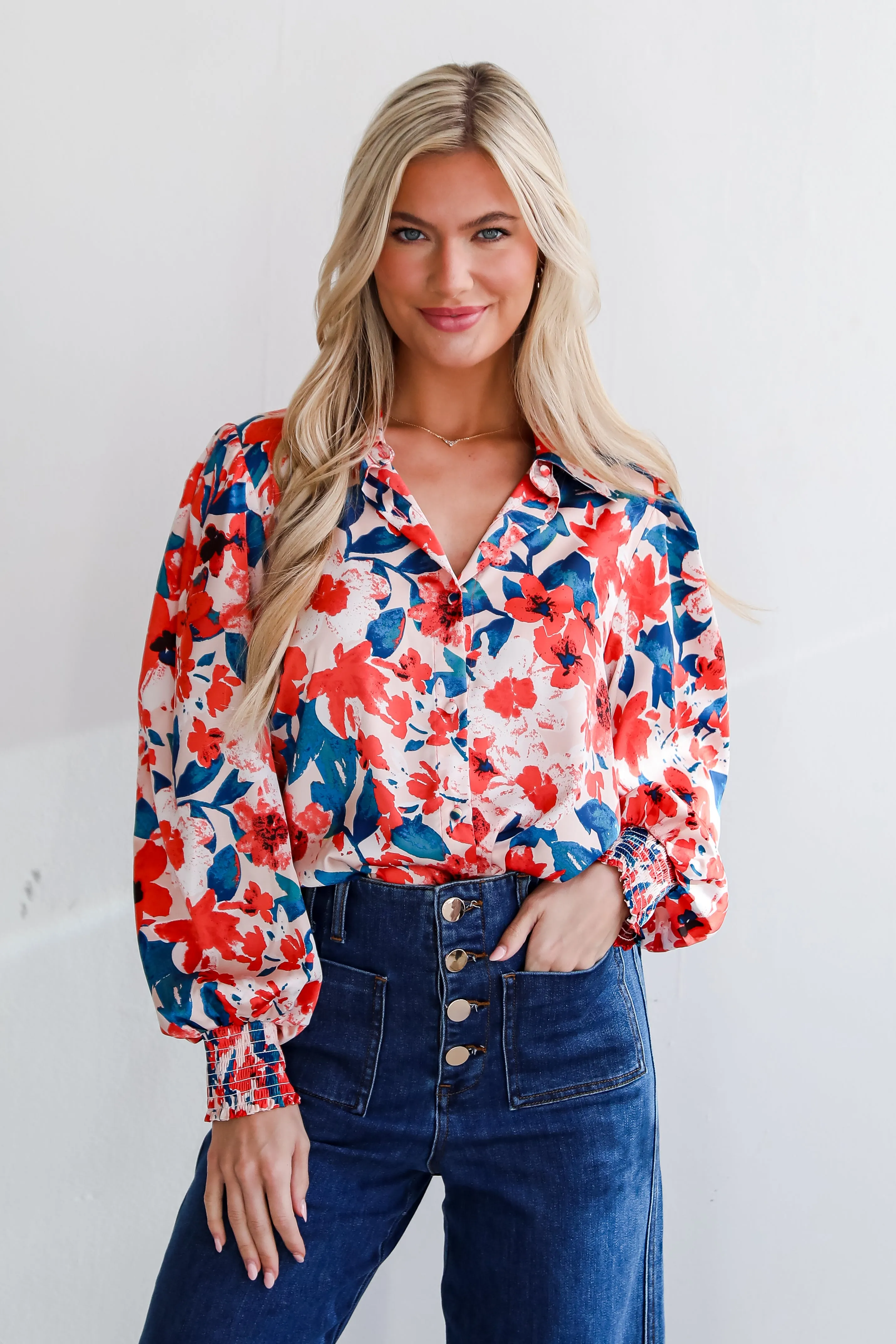 FINAL SALE - Dreamy Personality Coral Satin Floral Button-Up Blouse