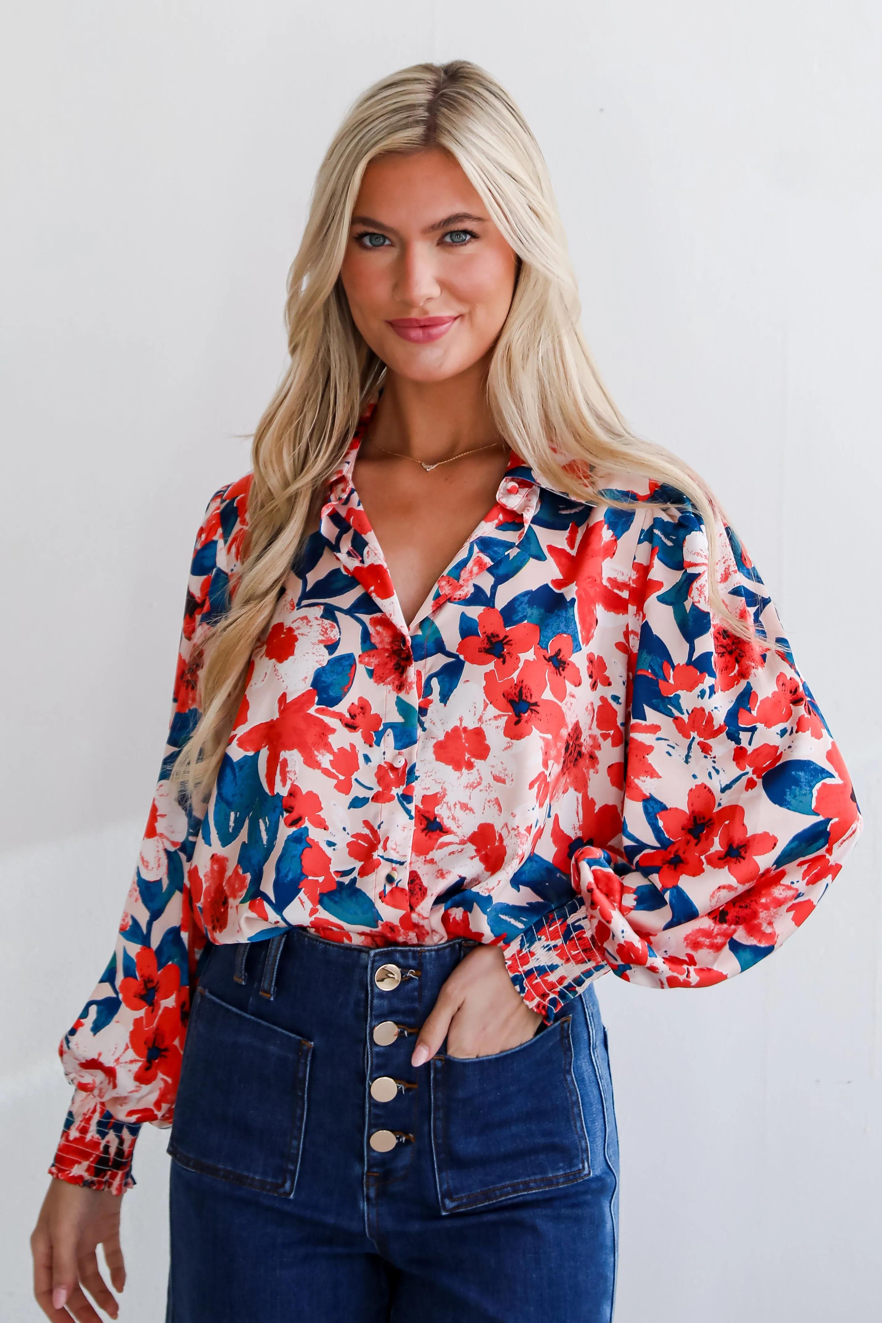 FINAL SALE - Dreamy Personality Coral Satin Floral Button-Up Blouse