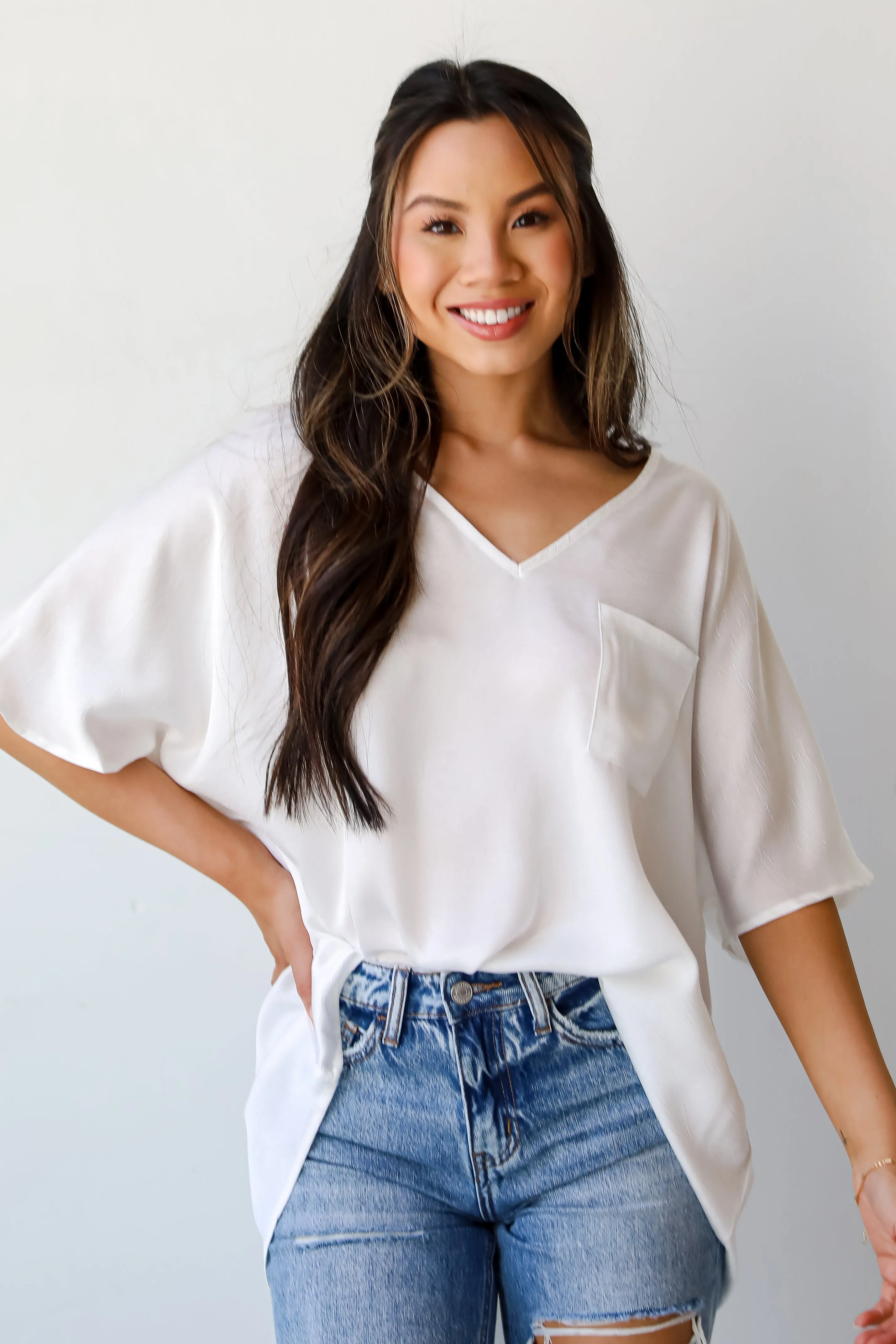 FINAL SALE - Glamorous Dedication Off White Oversized Satin Blouse