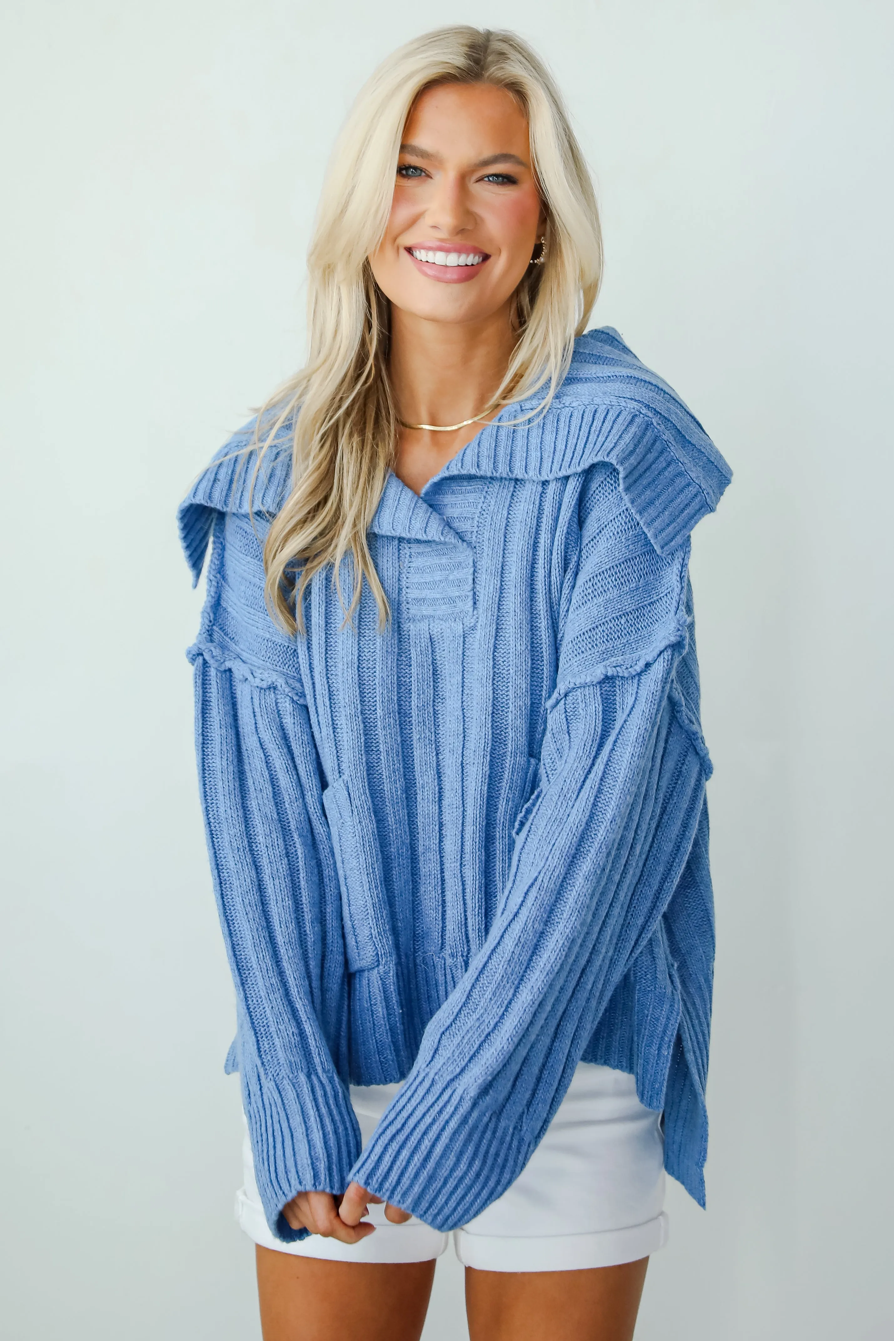 FINAL SALE - Happy Aesthetic Blue Collared Sweater