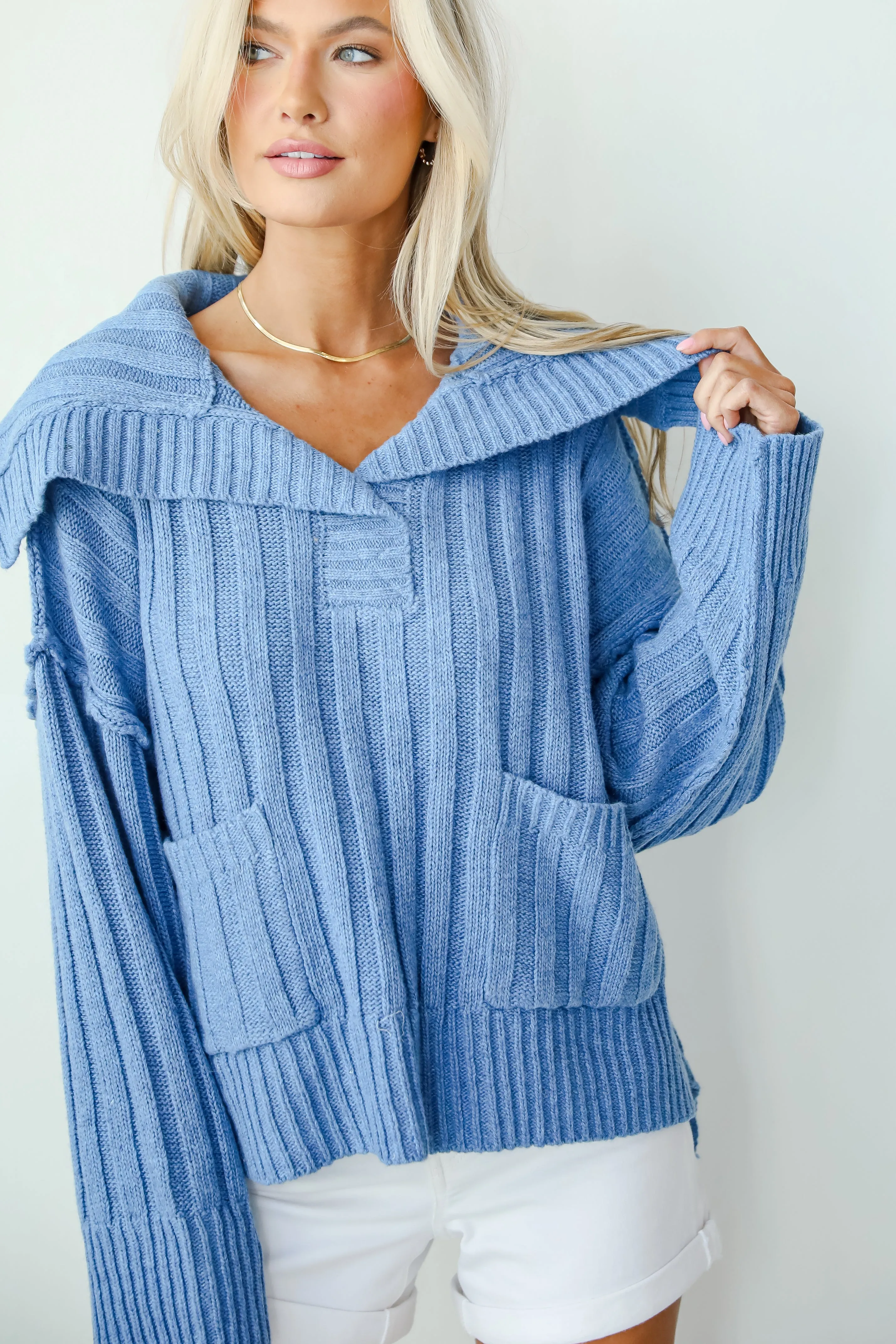 FINAL SALE - Happy Aesthetic Blue Collared Sweater