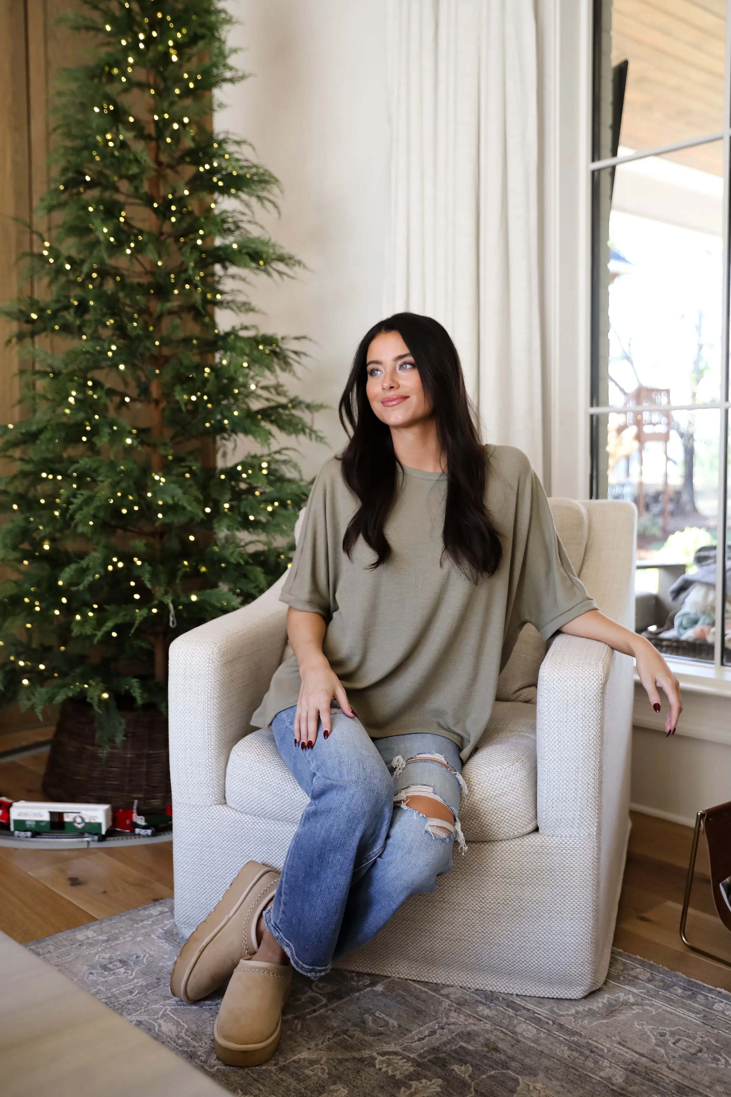 FINAL SALE - Missy Olive Waffle Knit Top - DOORBUSTER
