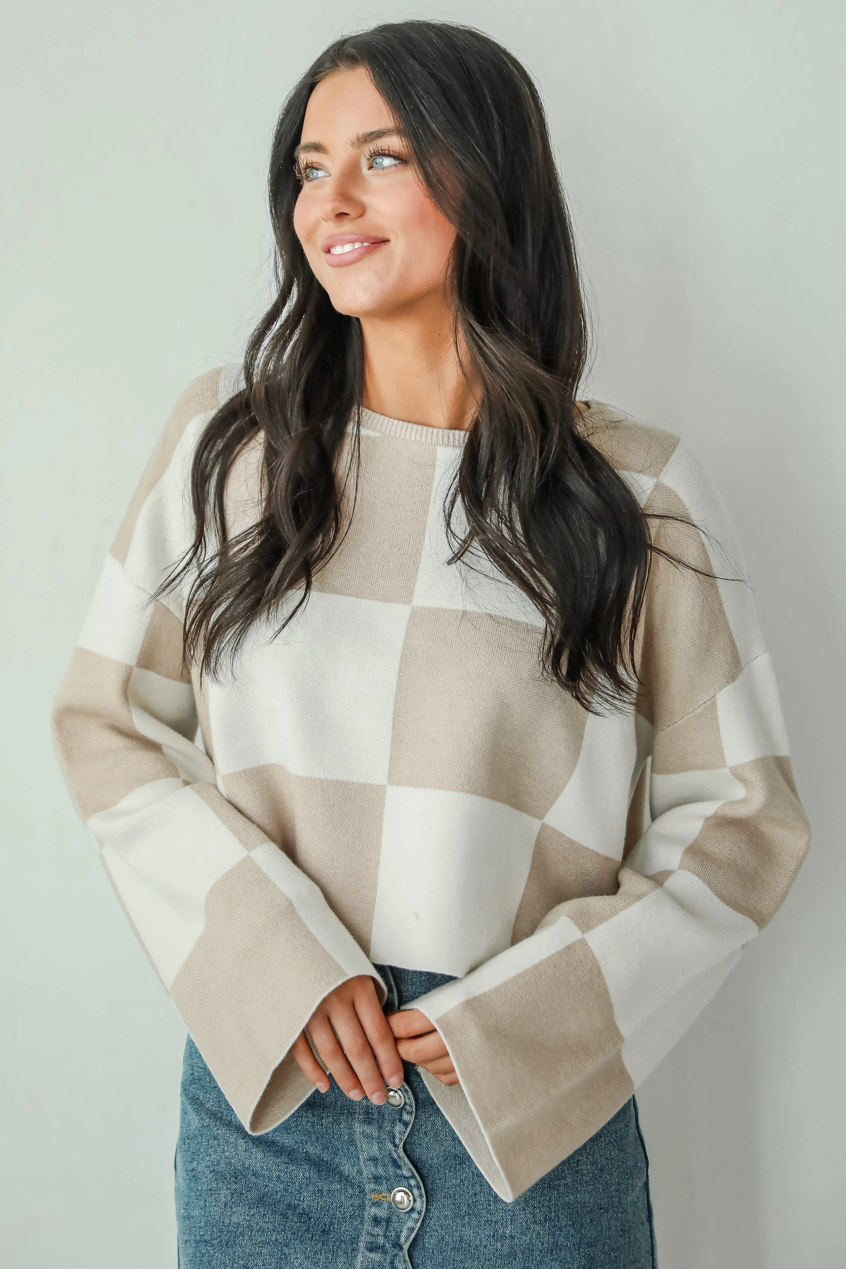 FINAL SALE - Perfect Classic Taupe Checkered Cropped Sweater