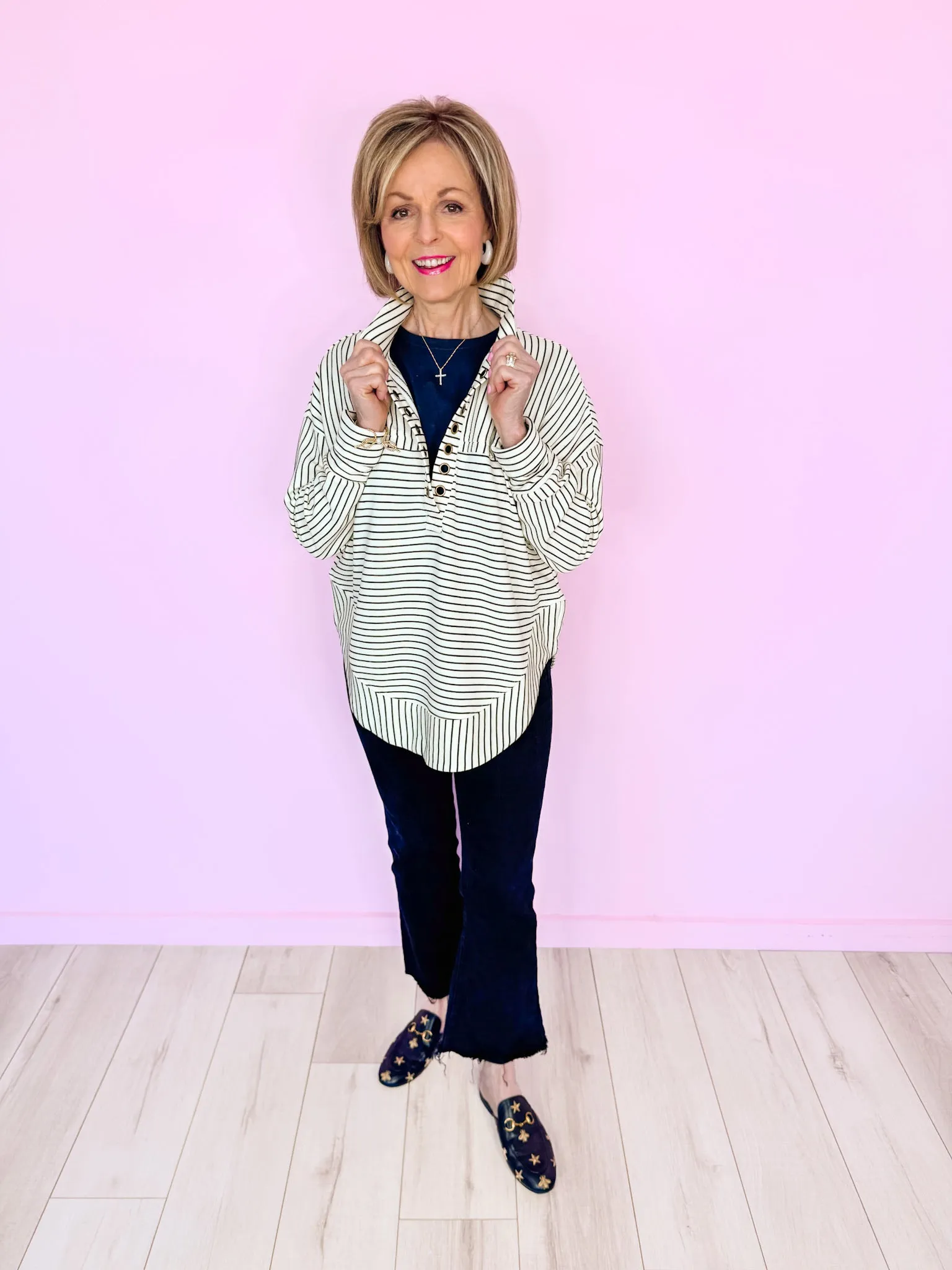 ON THE STRIPE SIDE GROMMET LONGSLEEVE TOP - IVORY/BLACK