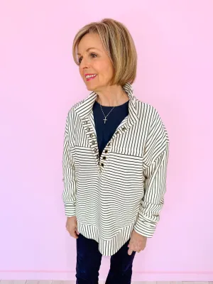 ON THE STRIPE SIDE GROMMET LONGSLEEVE TOP - IVORY/BLACK