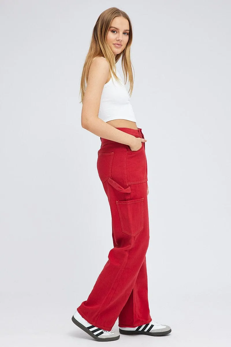 Red Cargo Jeans Mid Rise