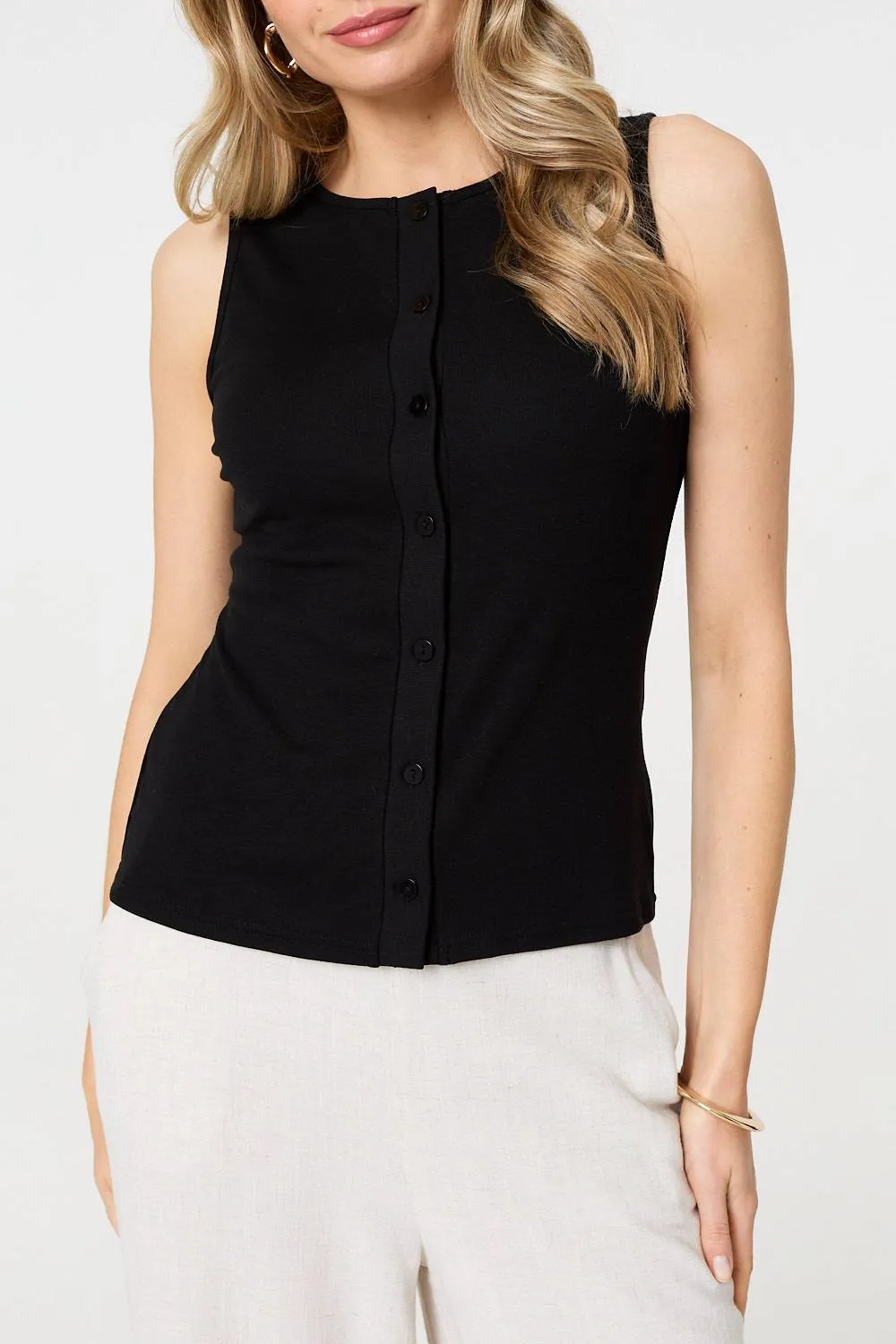 Sleeveless Button Front Slim Vest Top