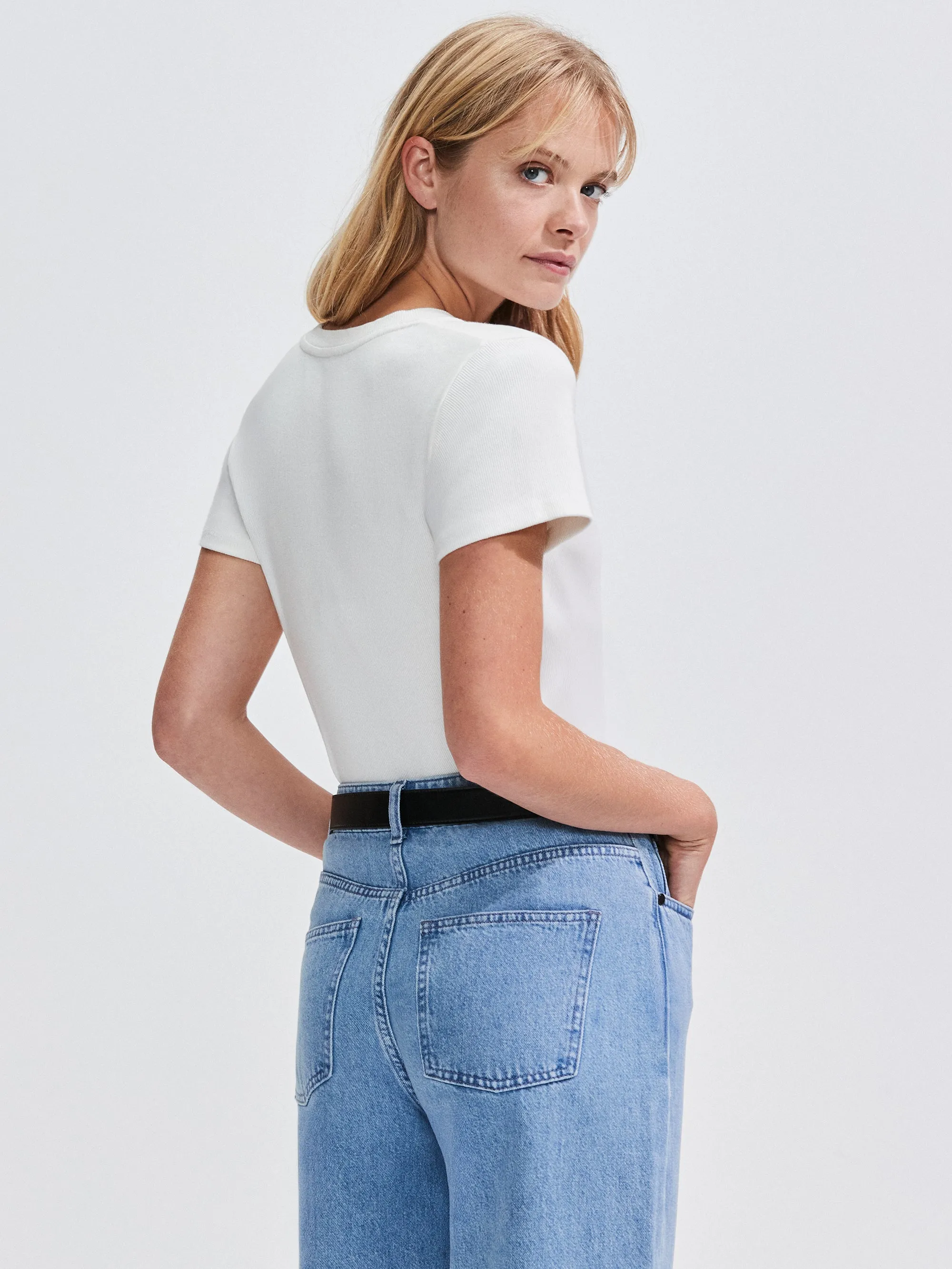 White Premium Rib Fitted V-Neck Tee