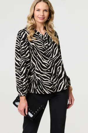 Zebra Print V-Neck Long Sleeve Blouse