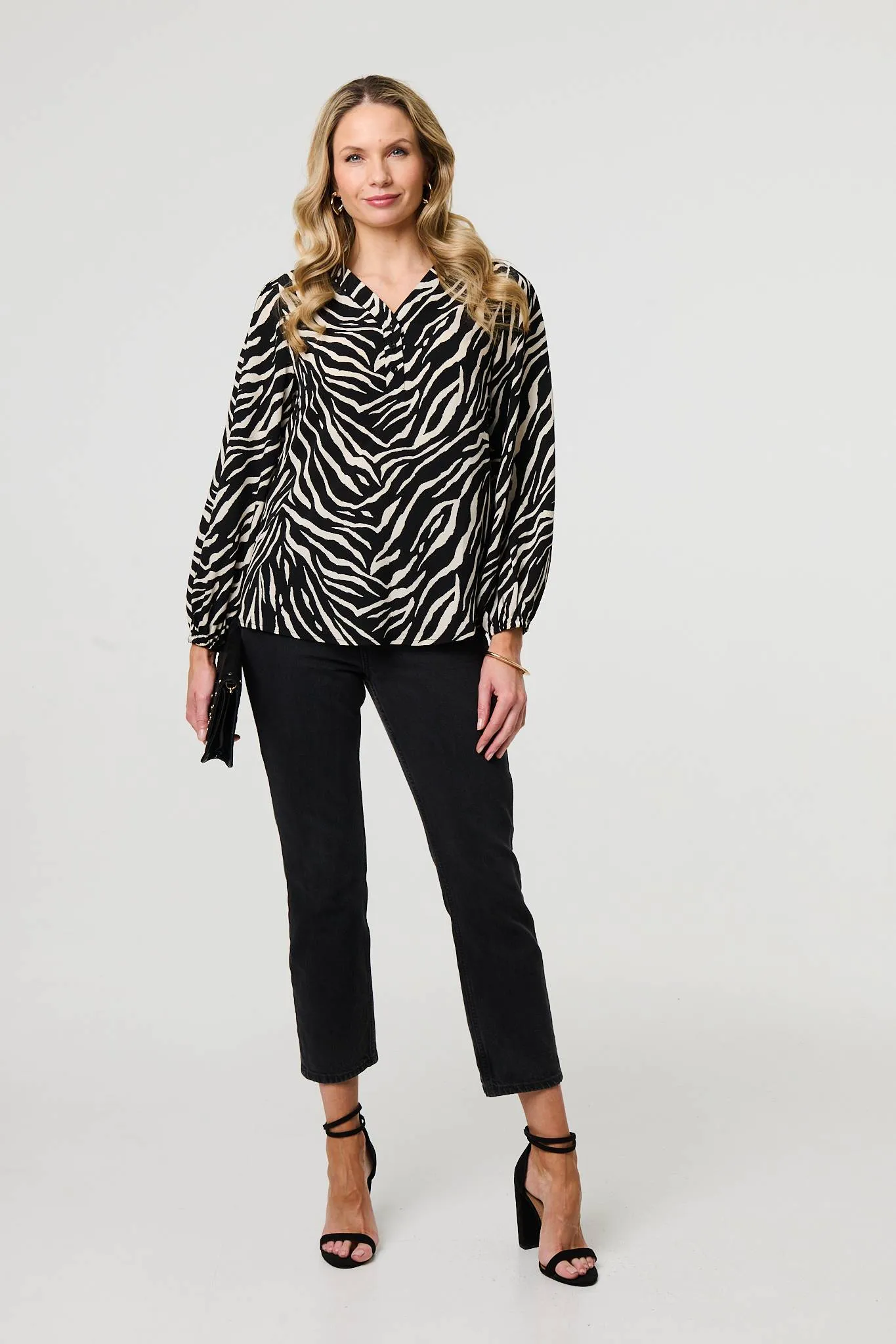Zebra Print V-Neck Long Sleeve Blouse