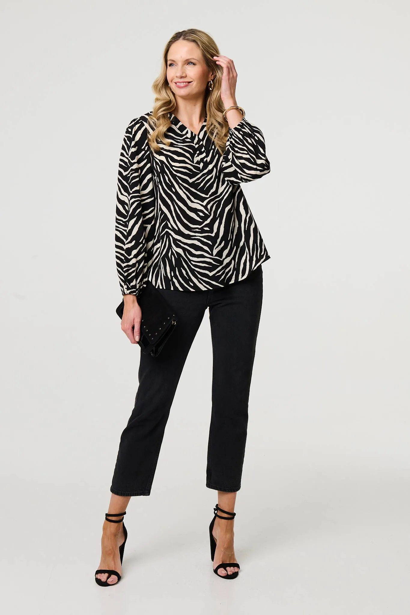 Zebra Print V-Neck Long Sleeve Blouse