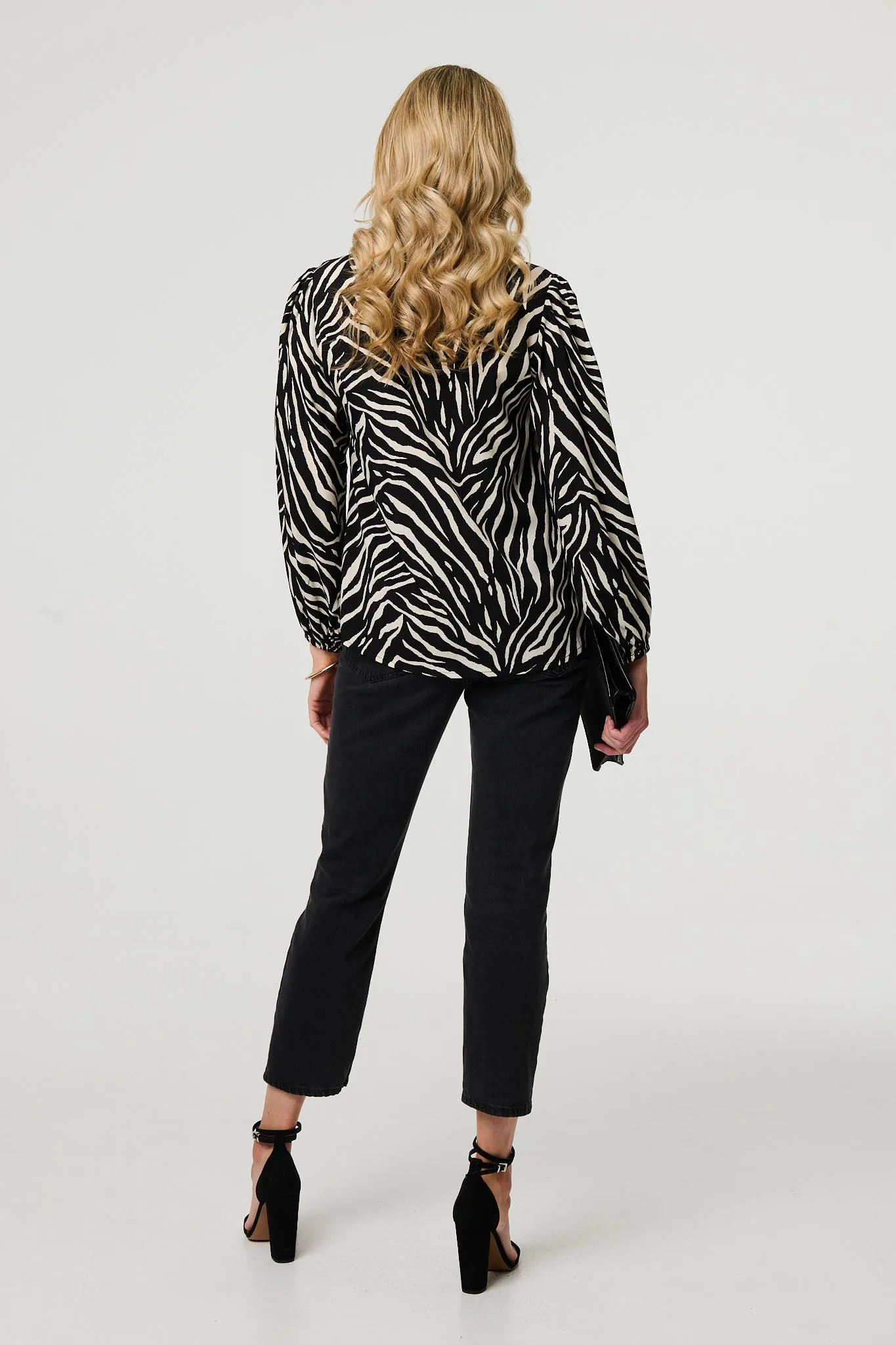 Zebra Print V-Neck Long Sleeve Blouse